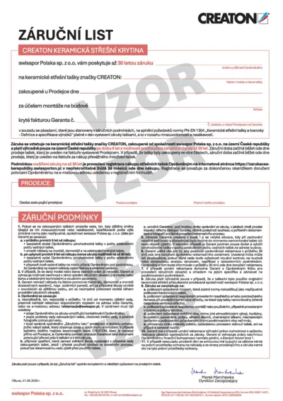 Vzor záručního listu pro keramické střešní tašky CREATON